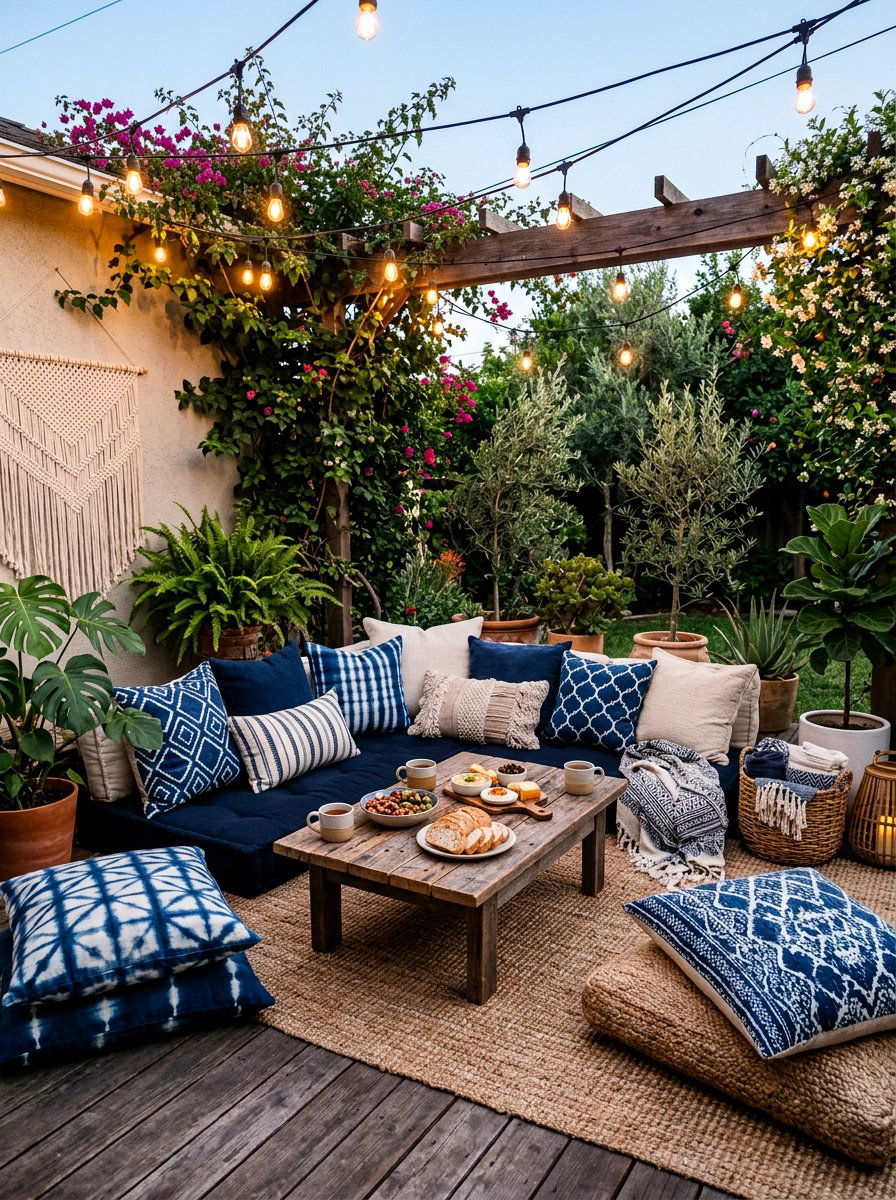 Outdoor floor cushions seating - 30 apartment patio entertaining ideas