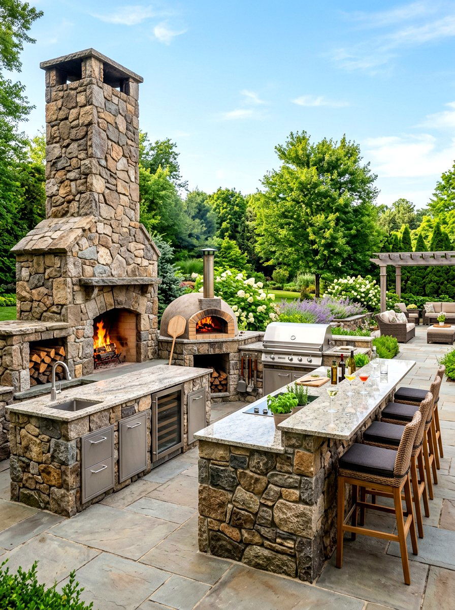 Outdoor kitchen fireplace setup - 30 patio fireplace lounge ideas