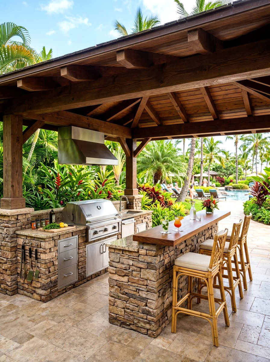 Outdoor kitchen pavilion - 30 tropical backyard landscaping ideas