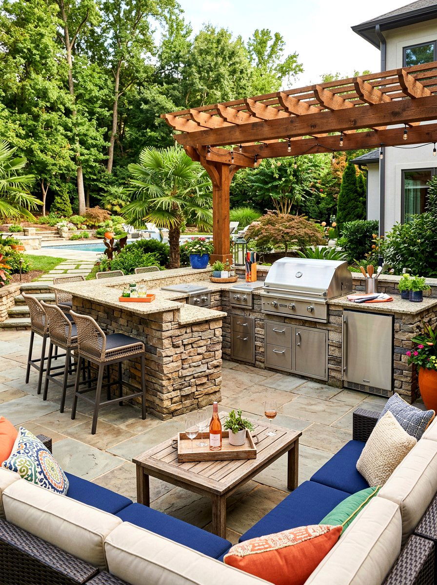Outdoor kitchen seating - 30 backyard club lounge ideas