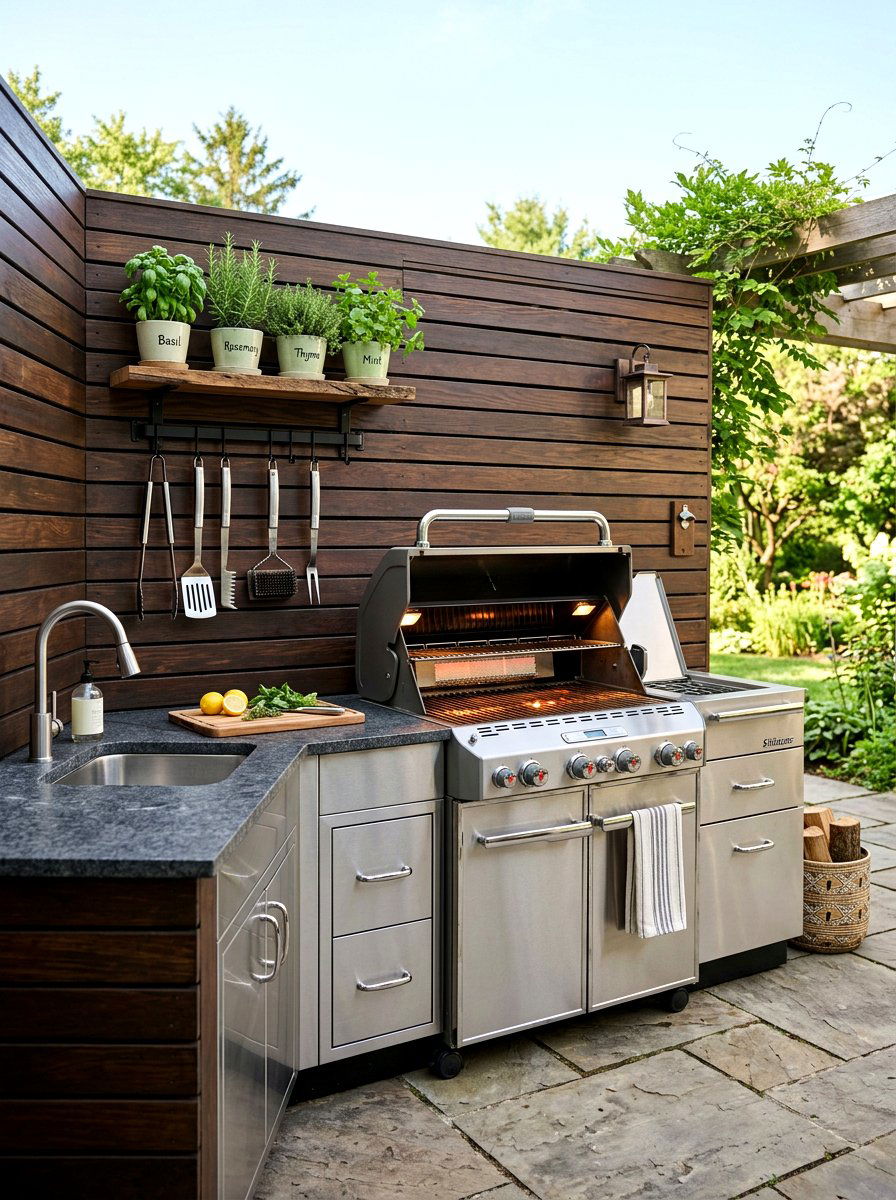 Outdoor kitchen slat wall background - 30 porch slat wall ideas