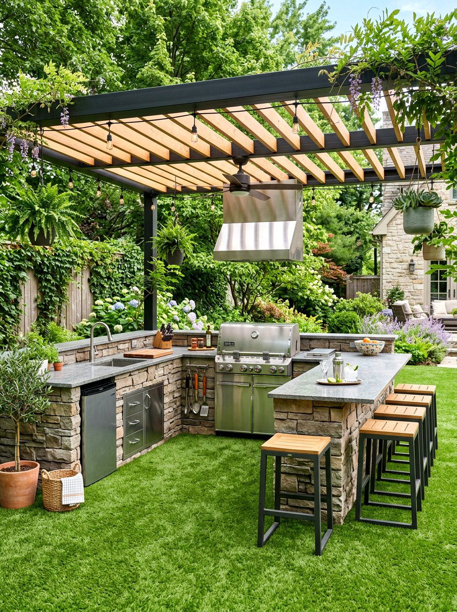 Outdoor kitchen turf floor - 30 artificial turf backyard ideas