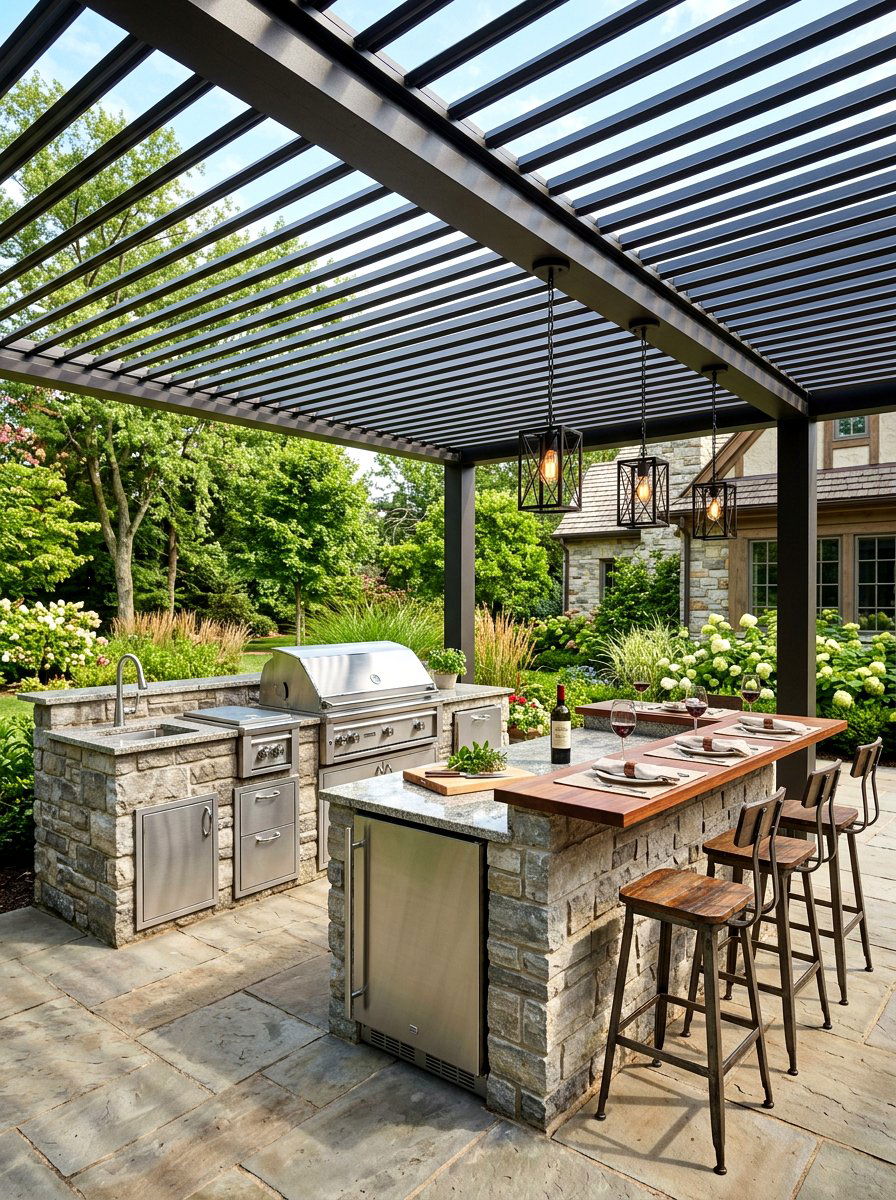 Outdoor kitchen under louvered pergola - 30 louvered pergola ideas