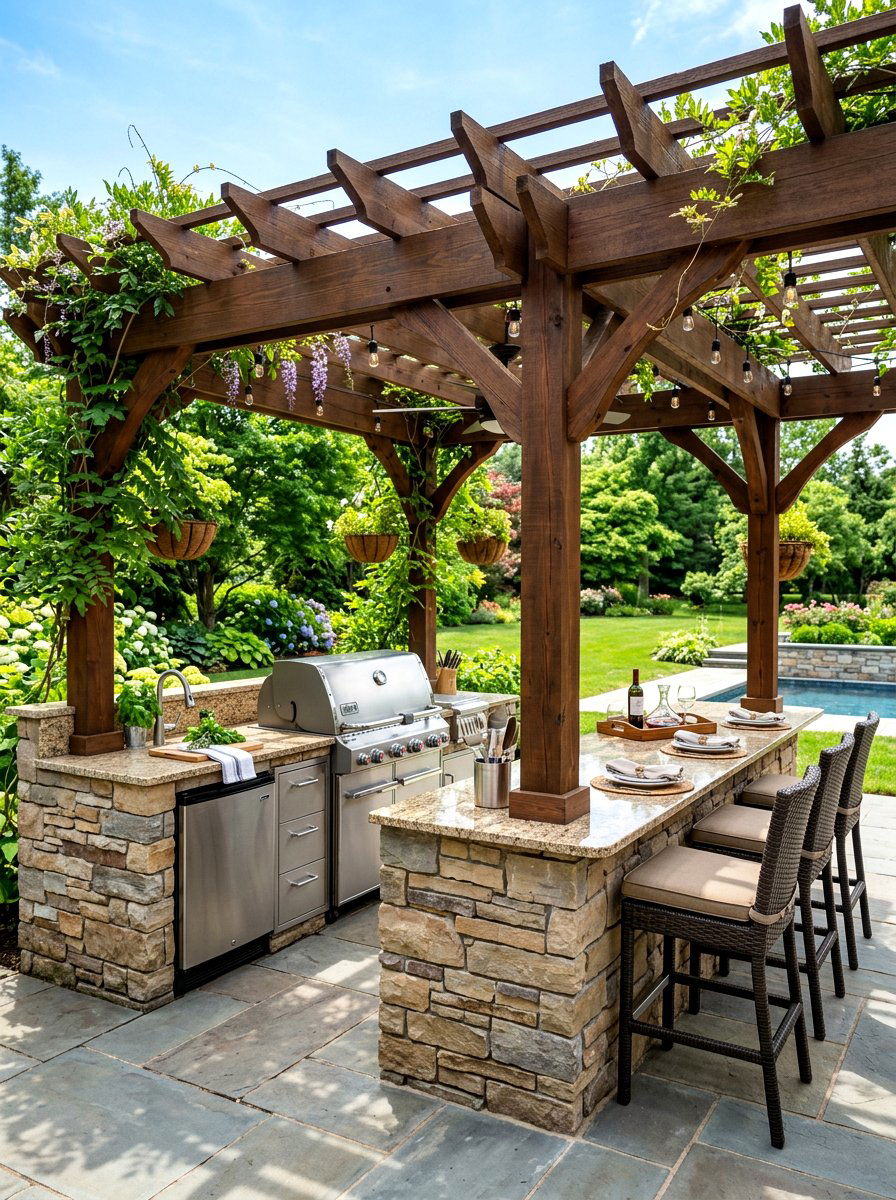 Outdoor kitchen under pergola - 30 pergola lounge patio ideas