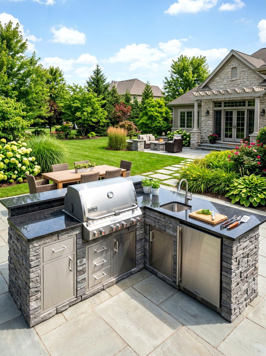Outdoor kitchen with built in grill - 30 family BBQ patio ideas
