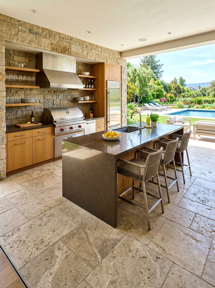 Outdoor kitchen with limestone flooring - 30 limestone backyard patio ideas
