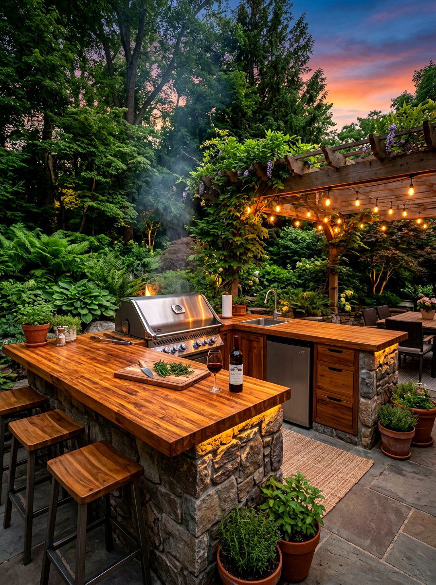 Outdoor kitchen with sealed wood surfaces - 30 butcher block countertop ideas