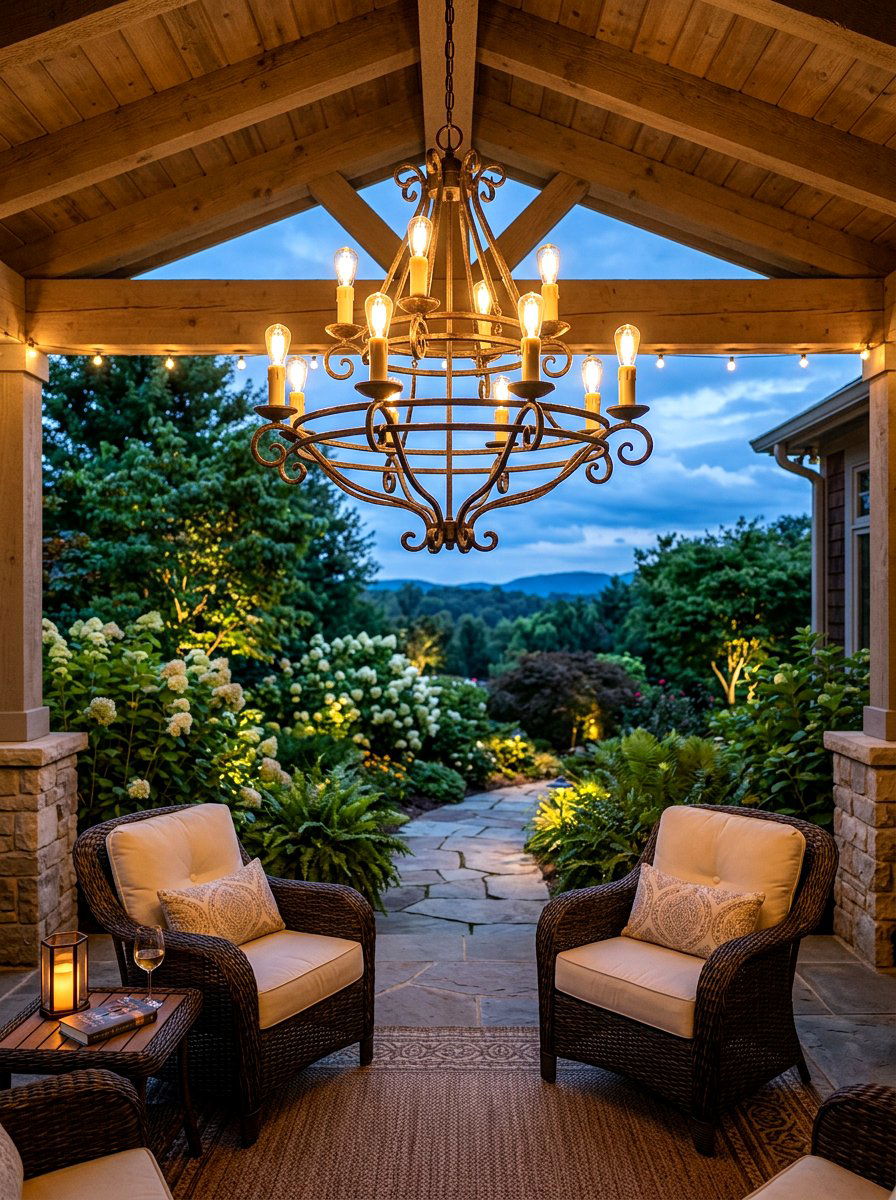 Outdoor porch chandelier - 30 front porch winter glow ideas