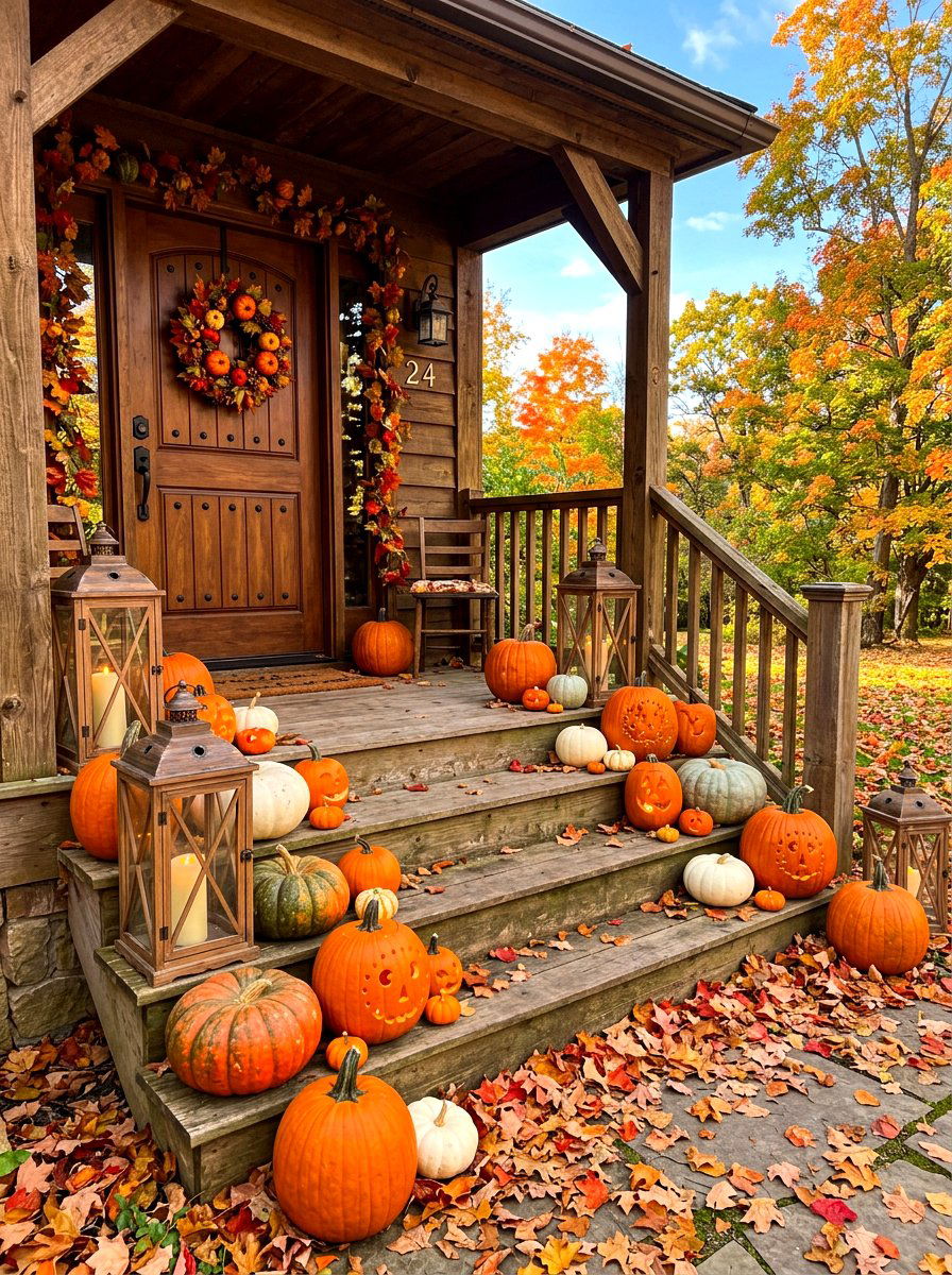 Outdoor porch steps with pumpkin candles - 30 candle heavy fall decor ideas