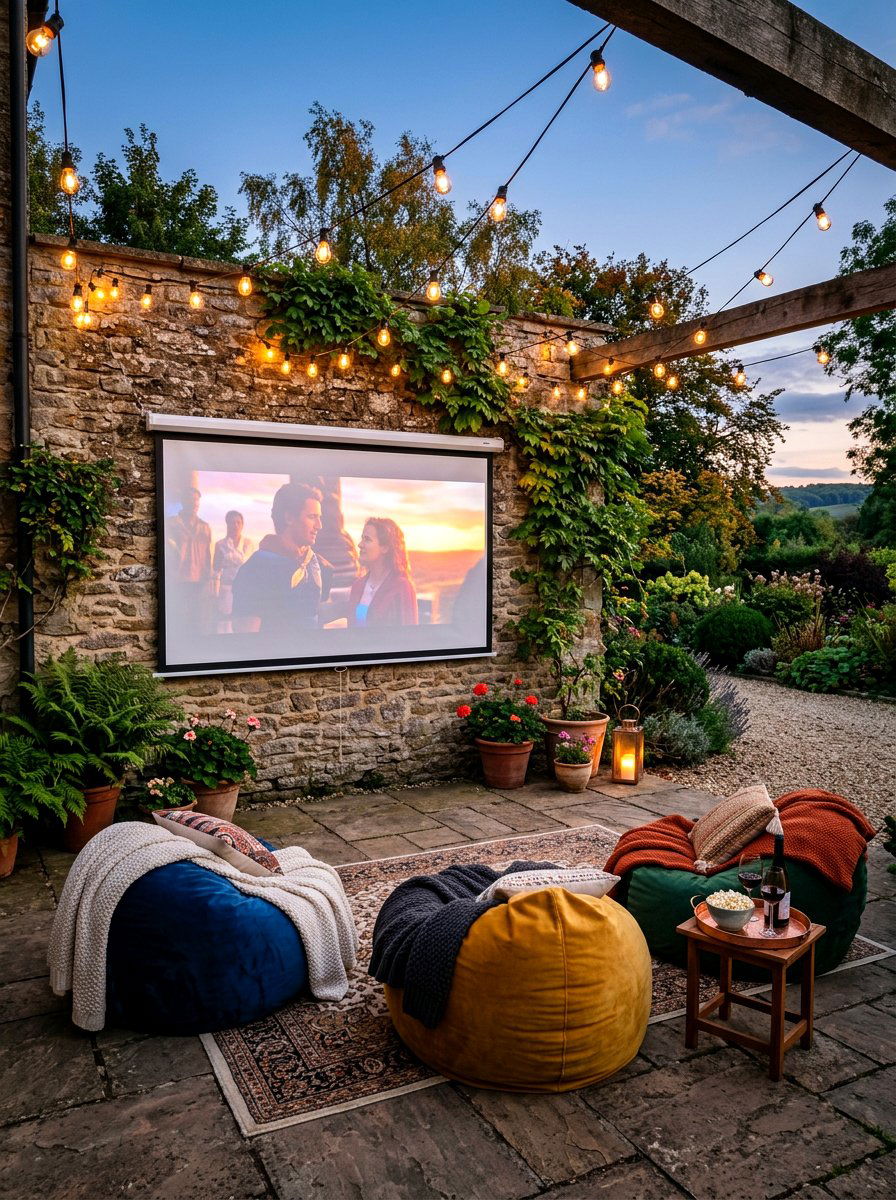 Outdoor projector movie setup - 30 apartment patio entertaining ideas
