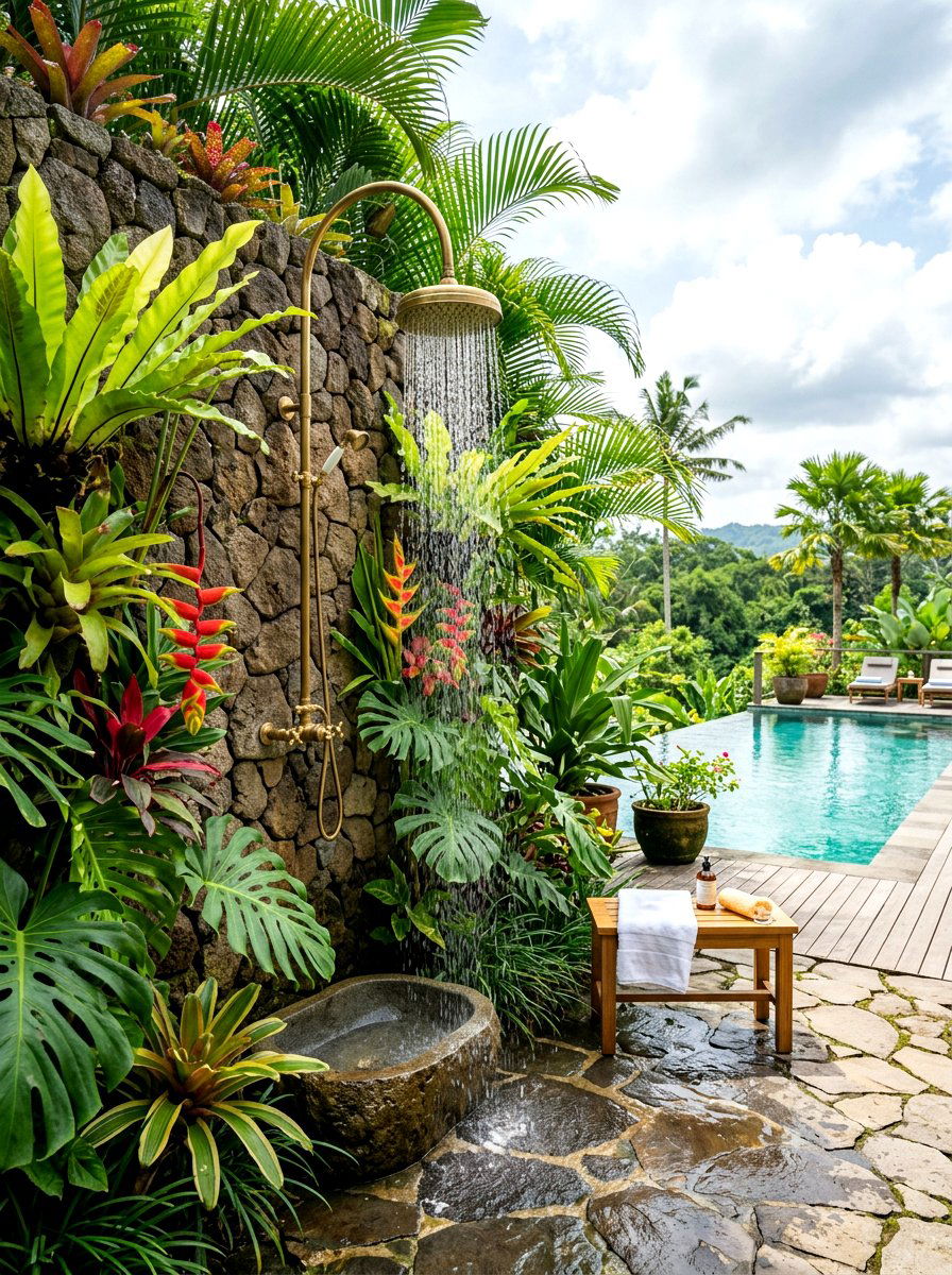 Outdoor rain shower - 30 tropical pool landscaping ideas