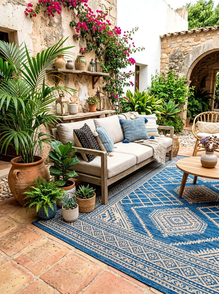 Outdoor rug decor - 30 tiny courtyard garden ideas