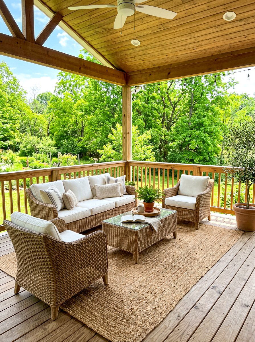 Outdoor rug over wood deck - 30 spring porch layering ideas