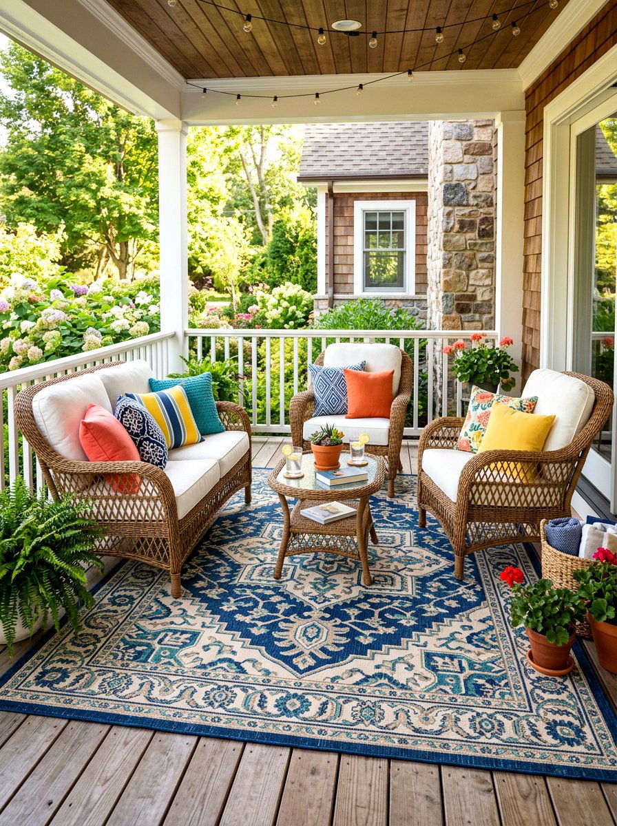 Outdoor rug under conversation set - 30 spring porch layering ideas