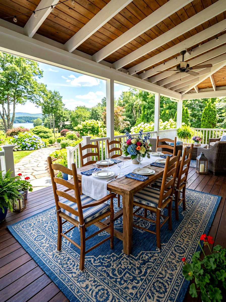 Outdoor rug under dining table - 30 spring porch layering ideas