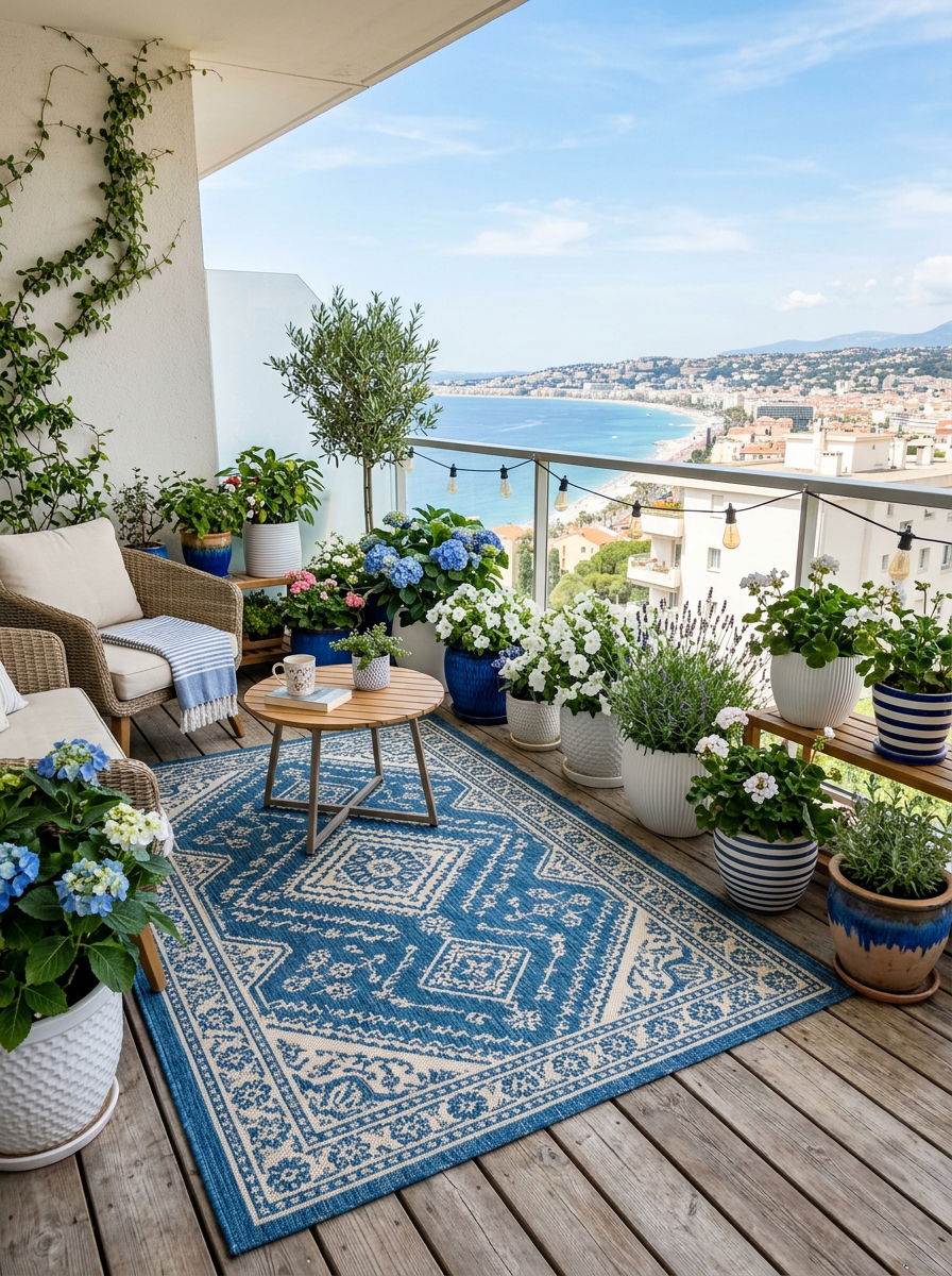Outdoor rug with potted plants - 30 urban garden ideas