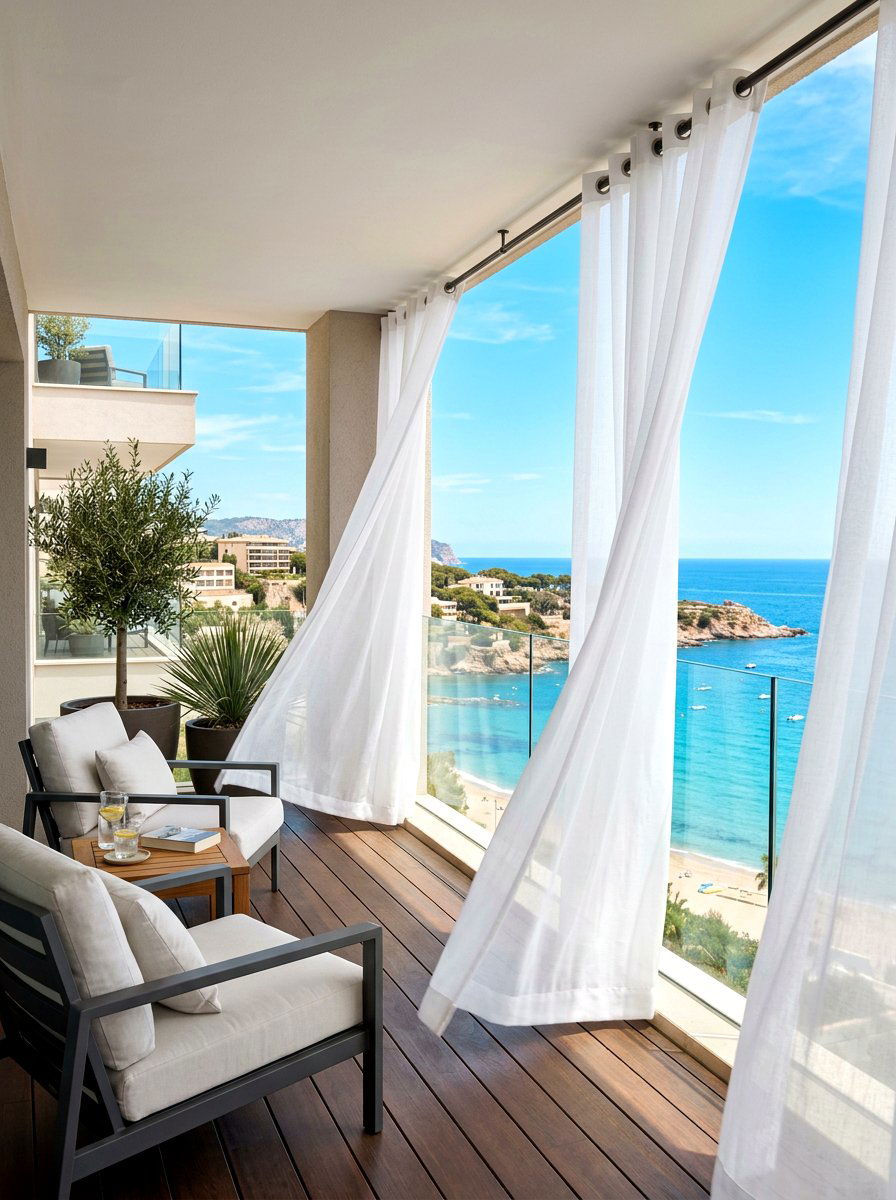 Outdoor sheer privacy curtains - 30 apartment patio entertaining ideas