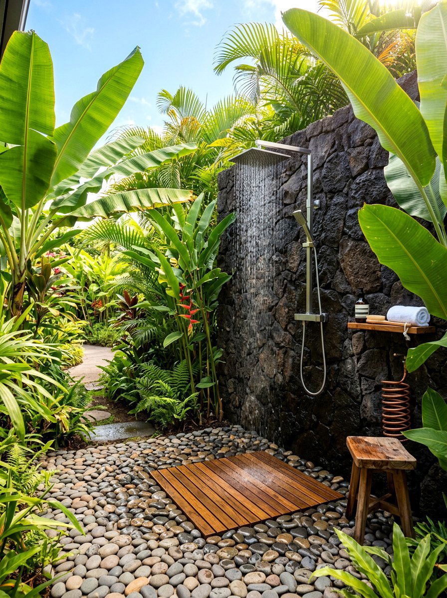 Outdoor shower area - 30 tropical backyard landscaping ideas
