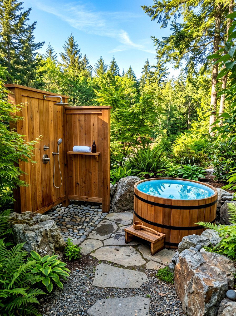 Outdoor shower cold plunge - 30 cold plunge backyard retreat ideas