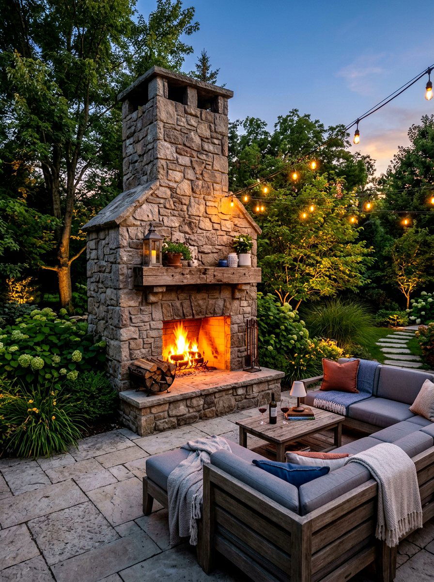 Outdoor stone fireplace - 30 courtyard garden ideas
