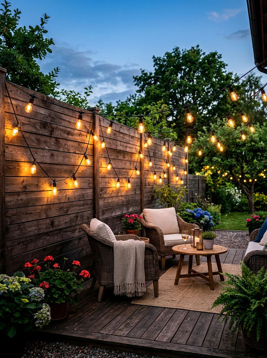 Outdoor string lights for fence - 30 fence lighting ideas