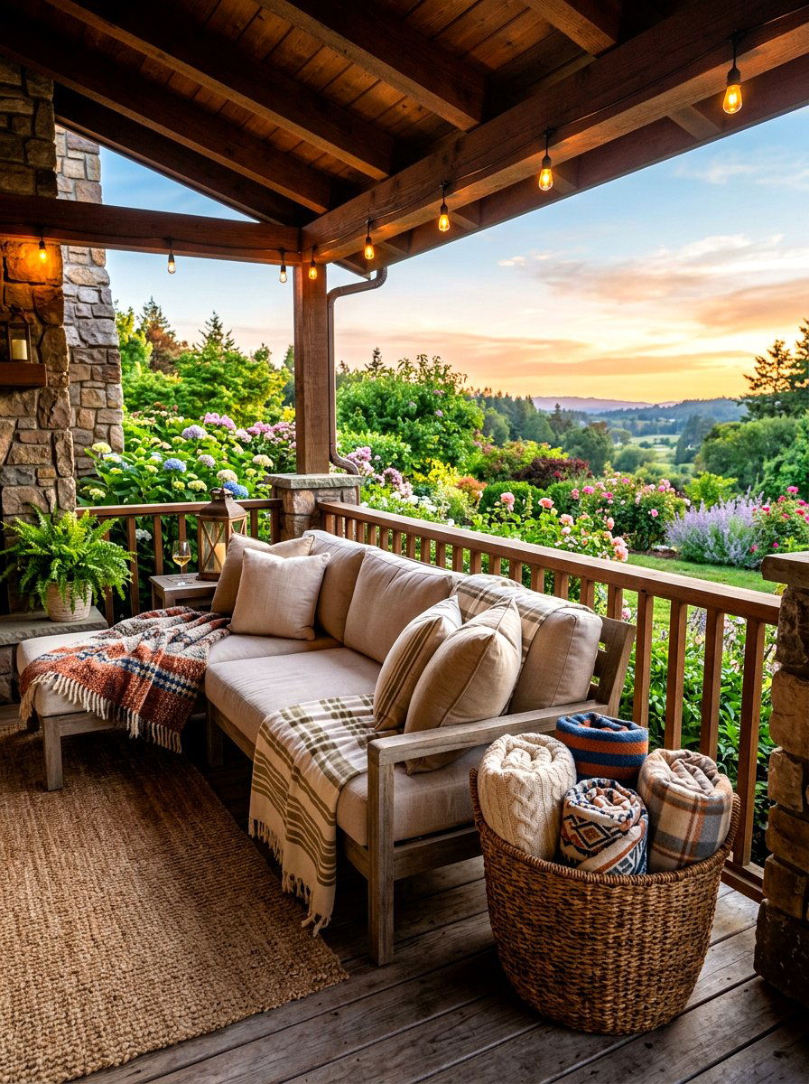 Outdoor throw blankets - 30 cozy evening porch ideas