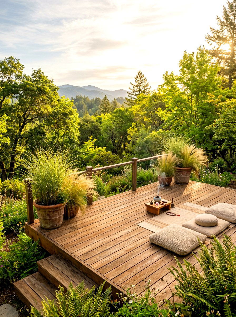 Outdoor wood meditation deck - 30 sunrise meditation space ideas