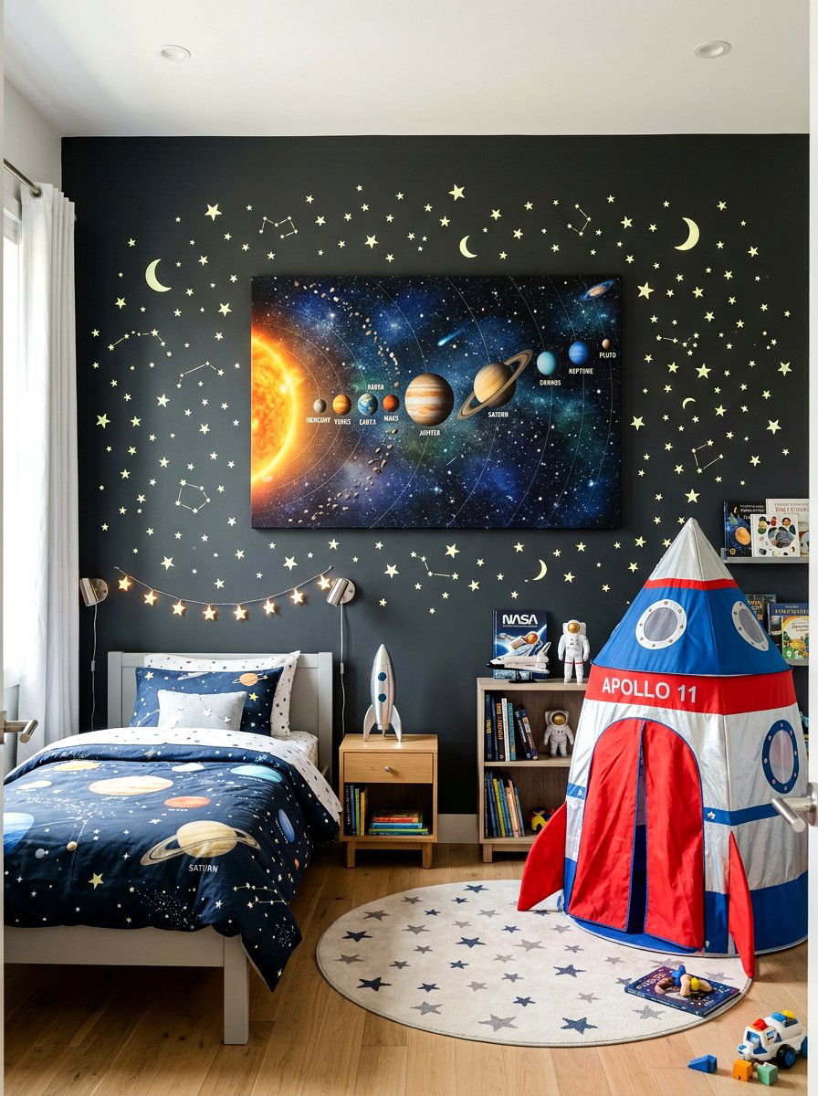 Outer space wall - 30 art wall kids room ideas
