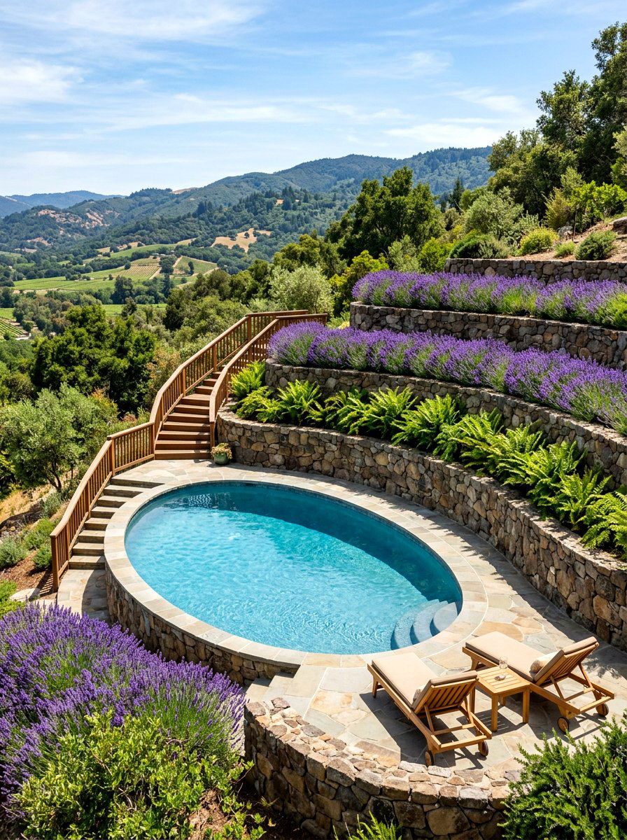 Oval pool with tiered landscaping - 30 above ground pool ideas