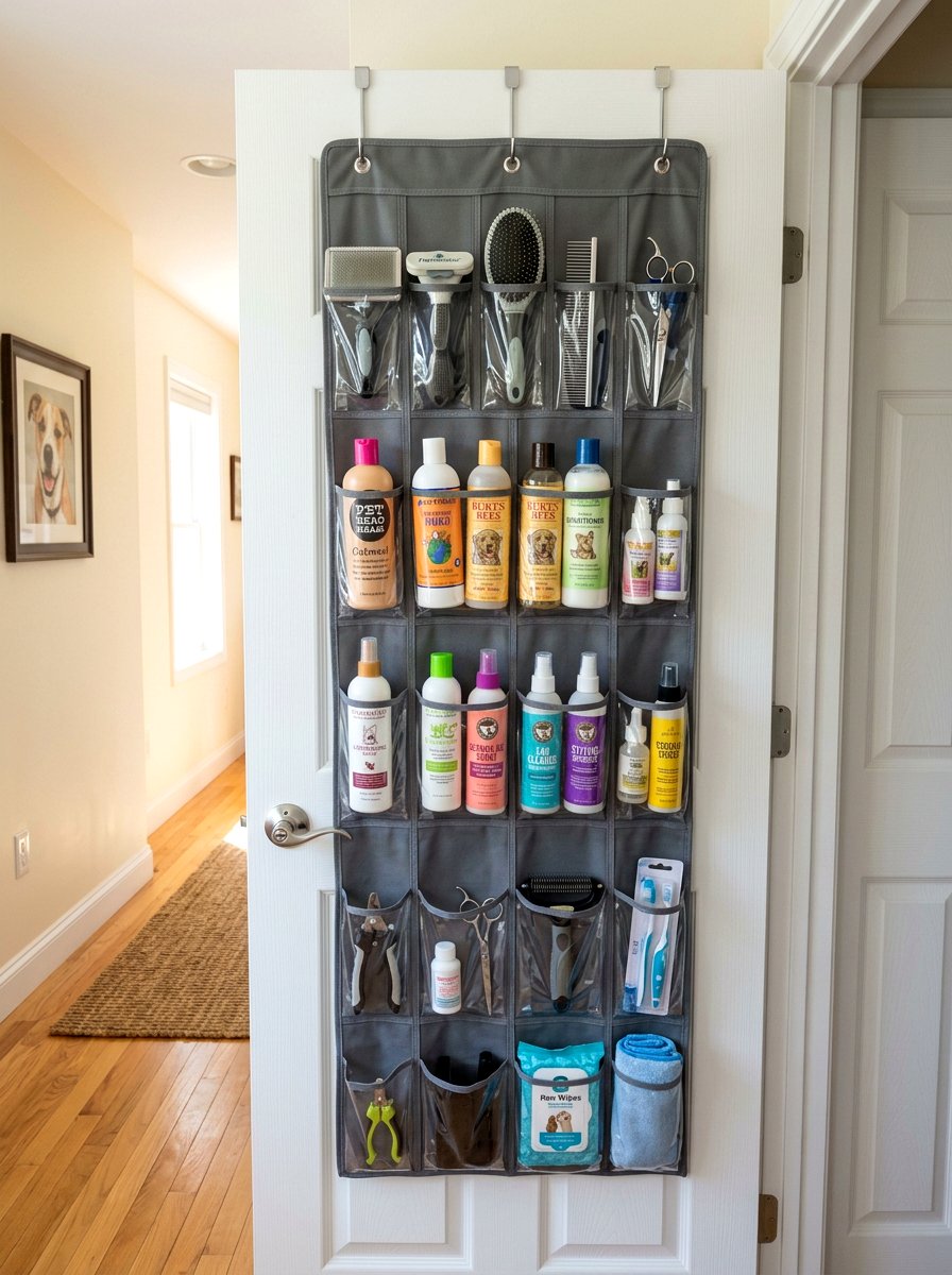 Over The Door Pet Grooming Organizer - 30 organizing pet supplies ideas