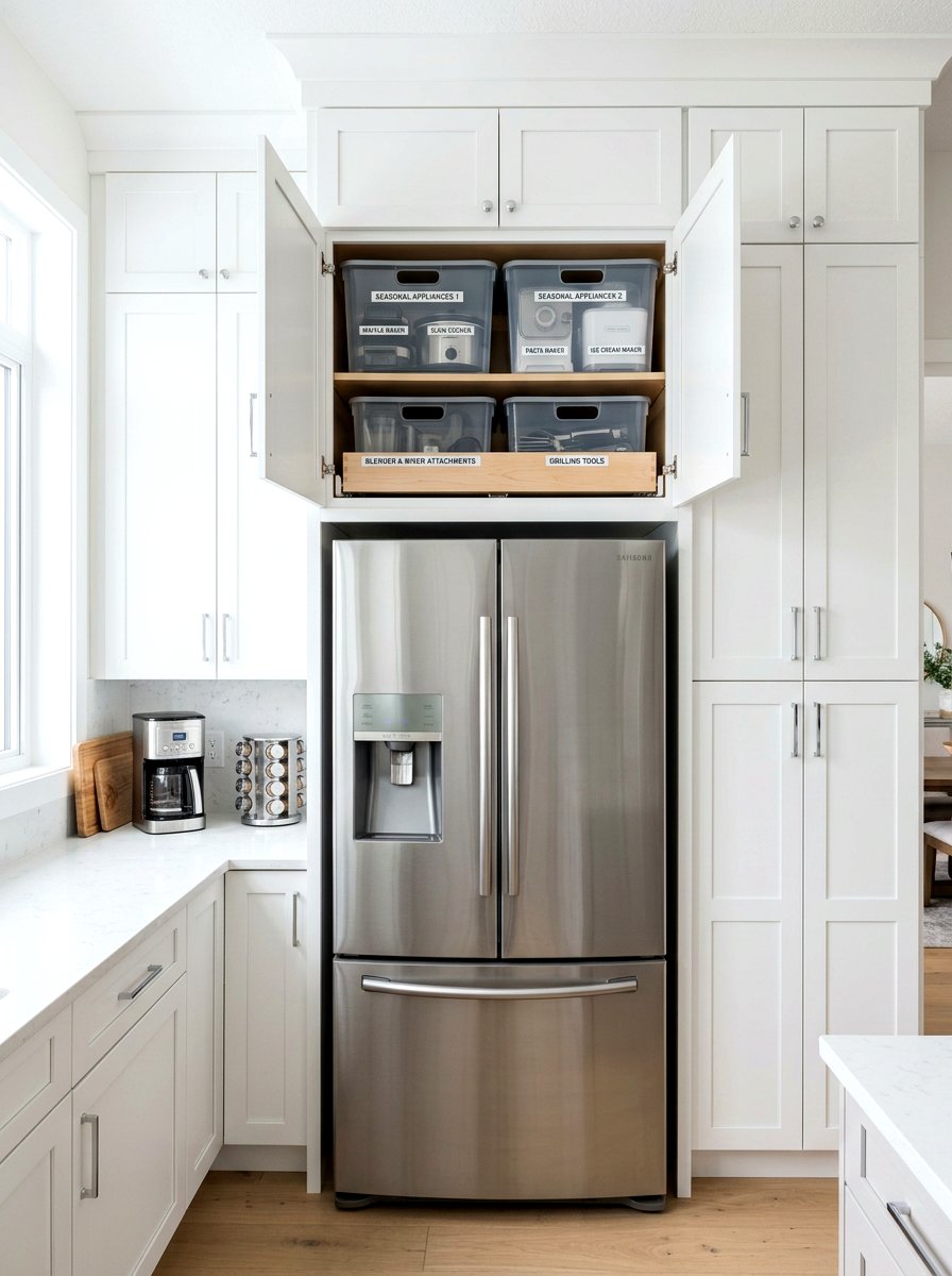Over The Fridge Cabinet - 30 cabinet appliance storage ideas