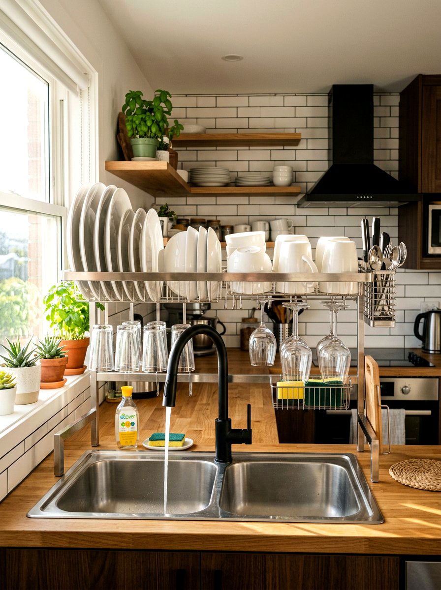 Over The Sink Drying Rack - 30 micro kitchen storage ideas