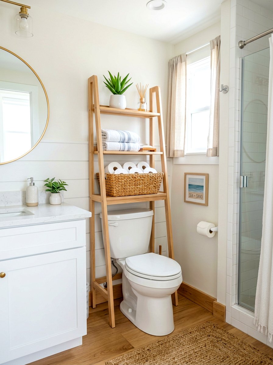 Over Toilet Ladder Seagrass Basket - 30 bathroom basket storage ideas