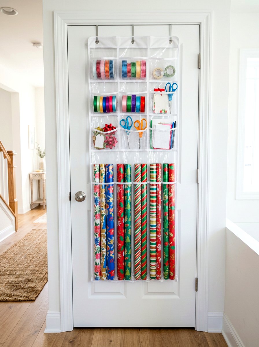 Over the door gift wrap organizer - 30 gift wrapping station ideas