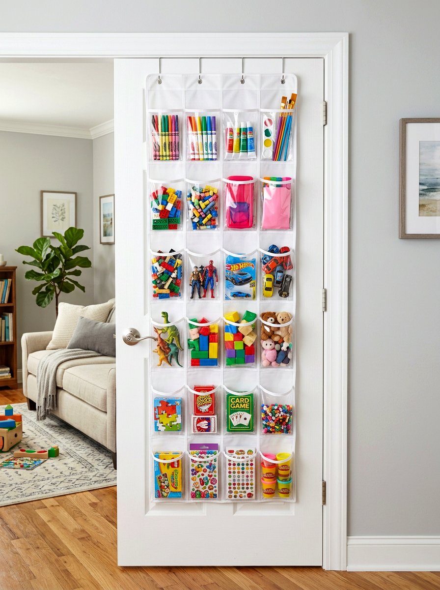 Over the door organizer - 30 family friendly living room storage ideas