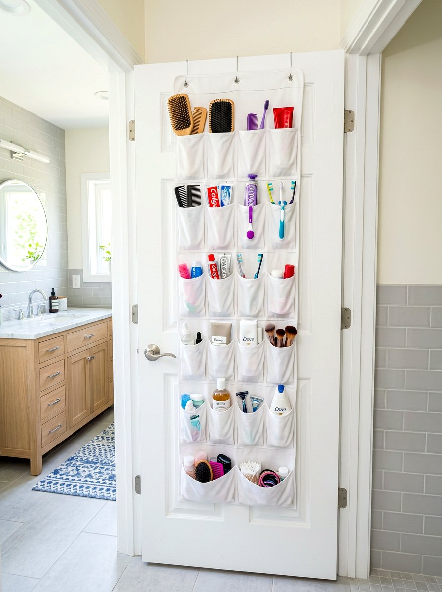 Over the door pocket organizer - 30 renter safe bathroom shelf ideas