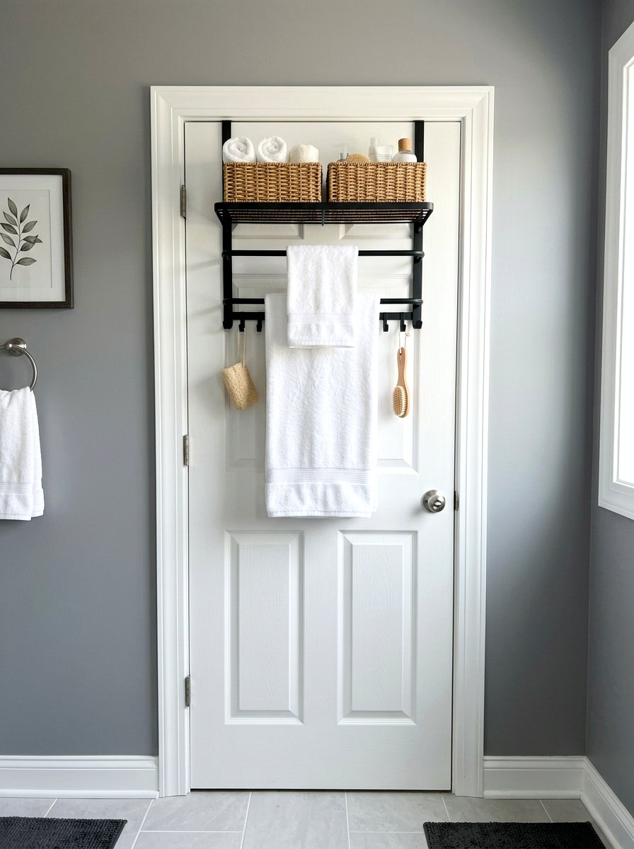 Over the door towel bar shelf - 30 renter safe bathroom shelf ideas