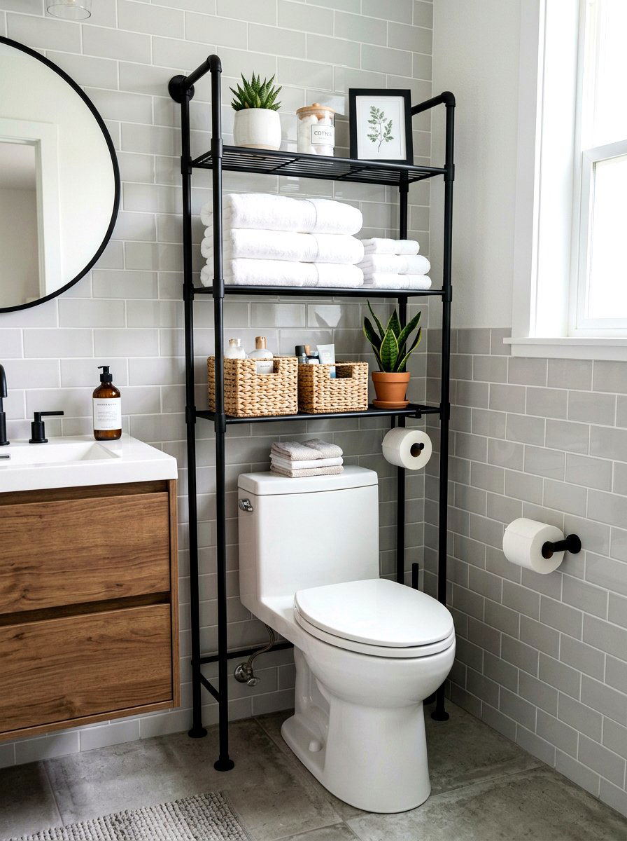 Over the toilet storage rack - 30 rental bathroom makeover ideas aesthetic