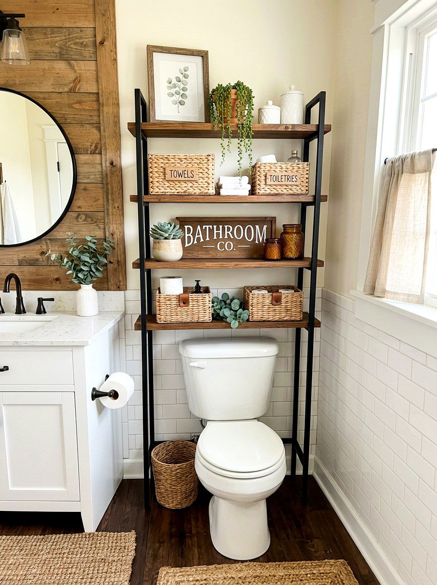Over the toilet storage rack - 30 renter friendly bathroom decor ideas