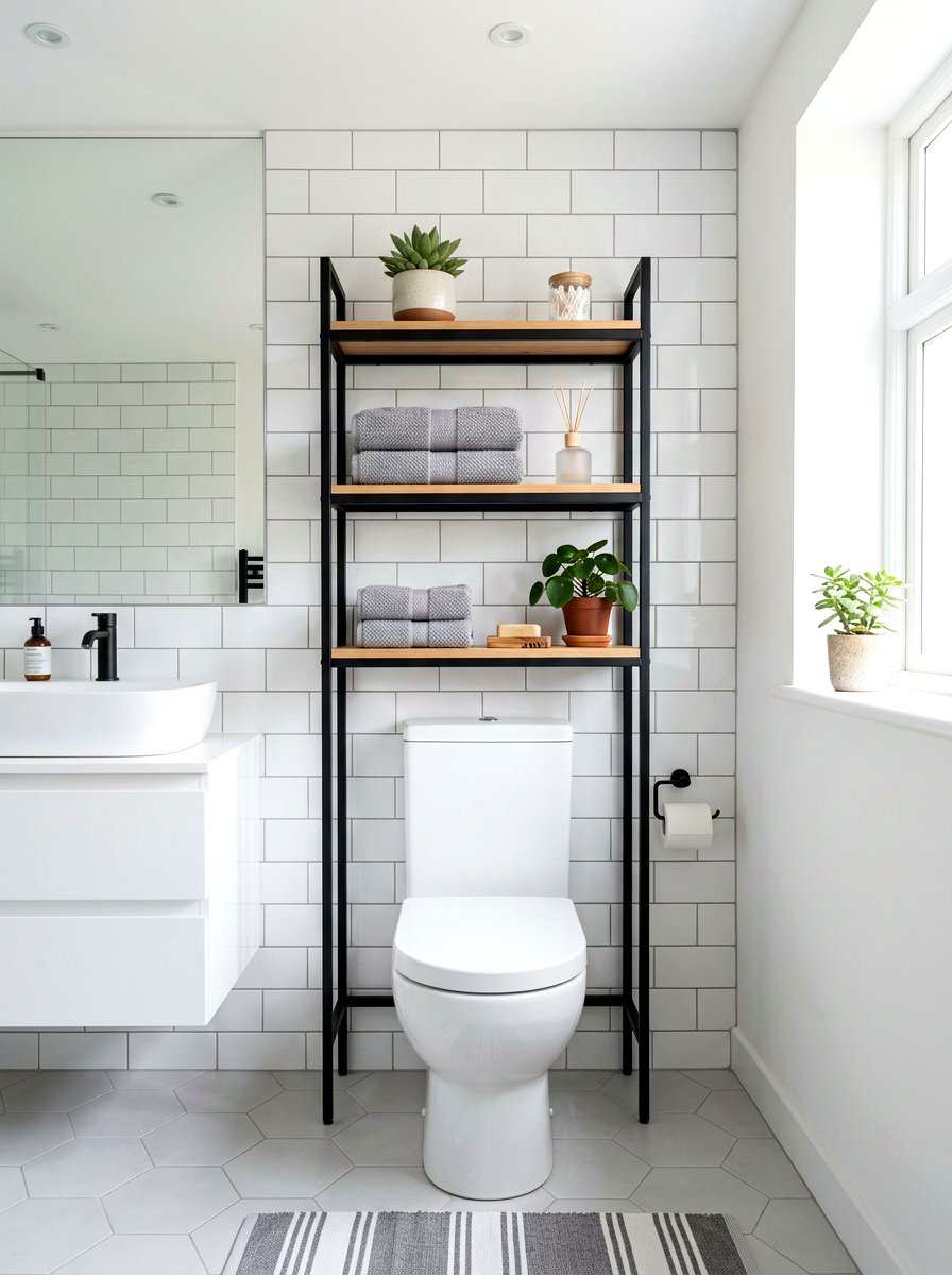 Over the toilet storage unit - 30 renter safe bathroom shelf ideas