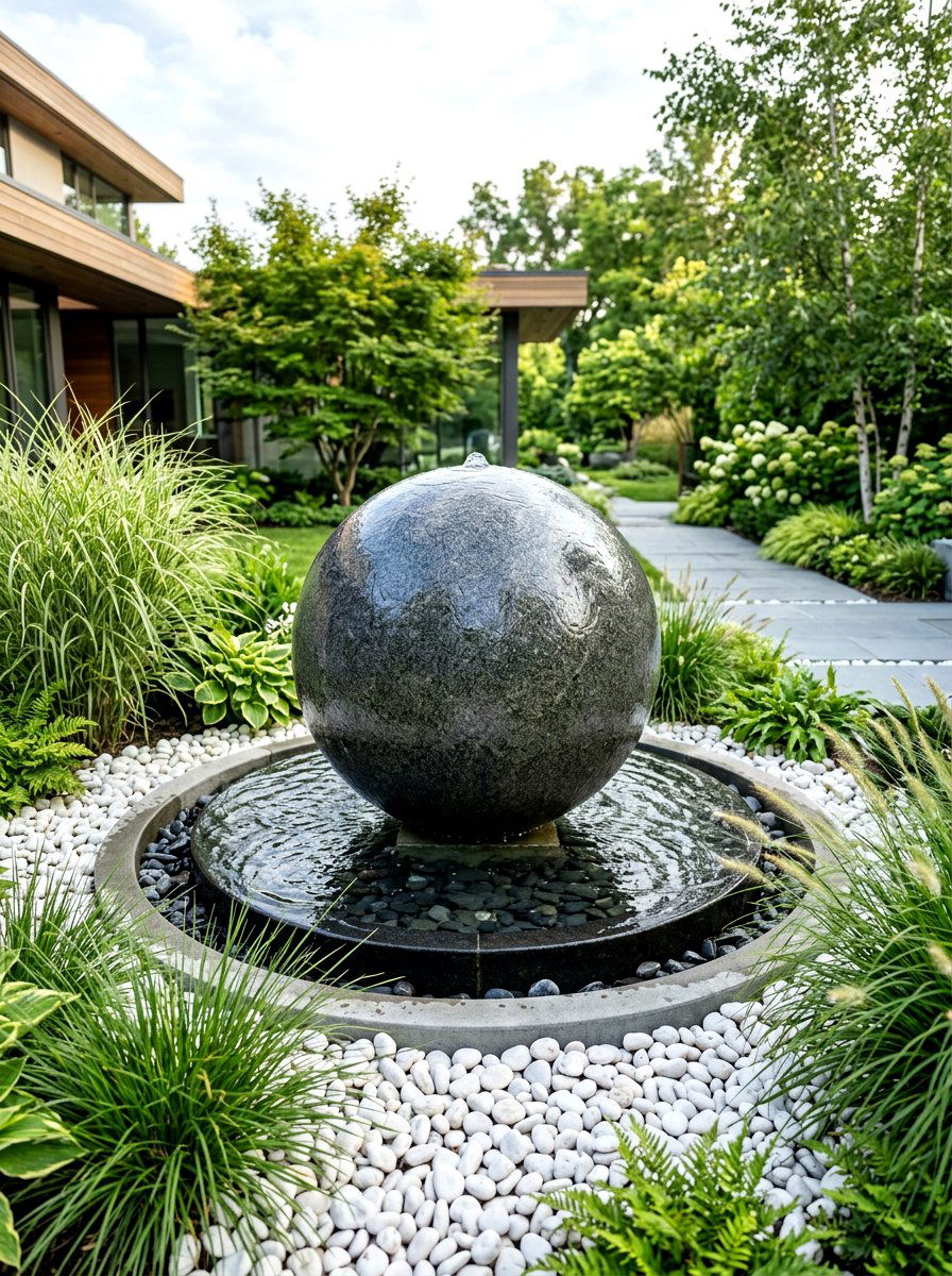 Overflowing sphere fountain - 30 courtyard fountain ideas