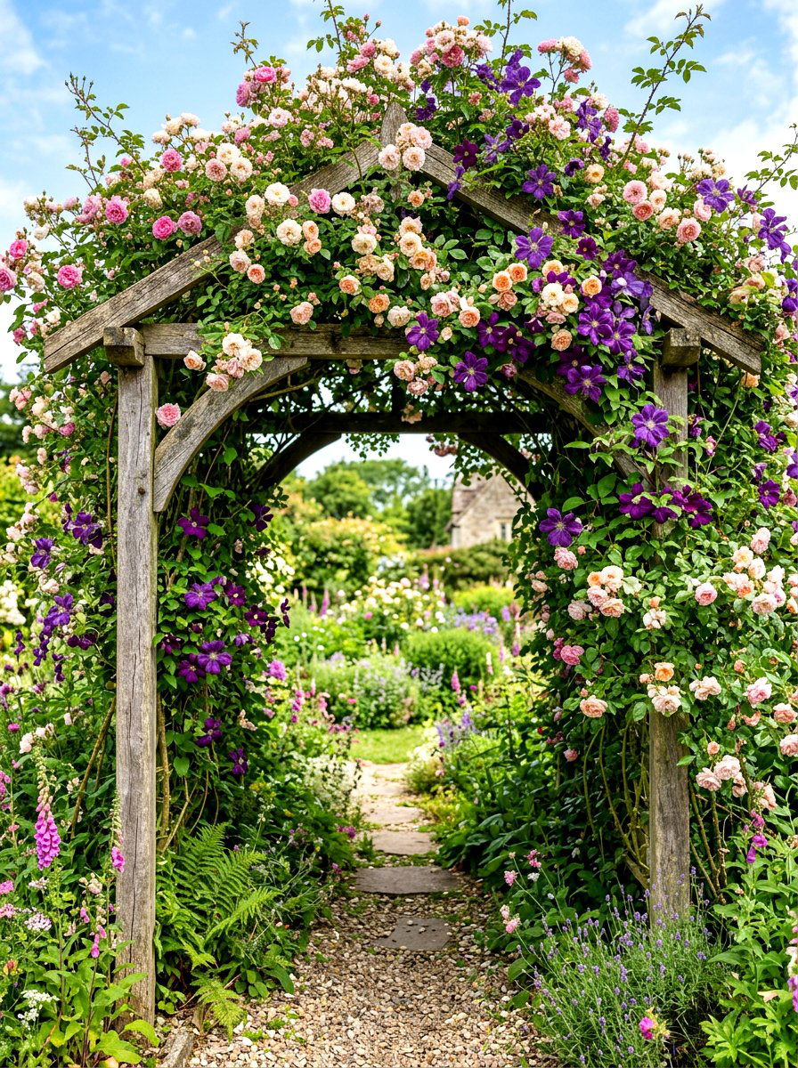 Overgrown Wildflower Rose Arbor - 30 cottage rose arbor ideas
