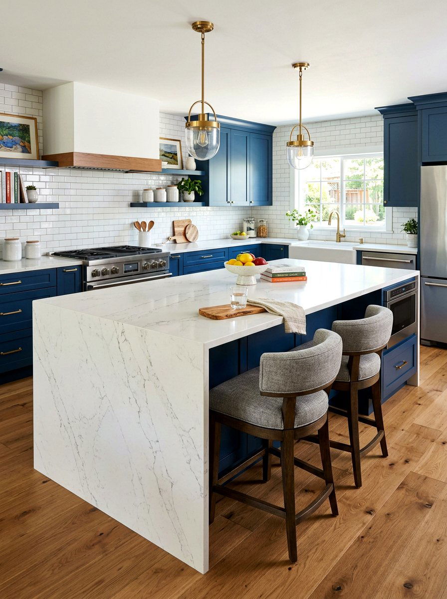 Overhang Waterfall Island Breakfast Bar - 30 waterfall island seating ideas