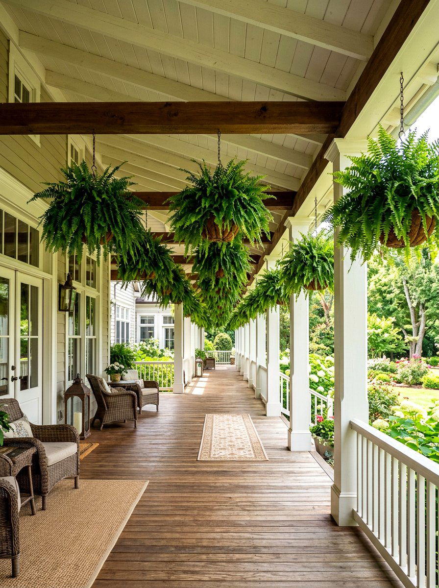 Overhead Beam Hanging Ferns - 30 fern filled front porch ideas