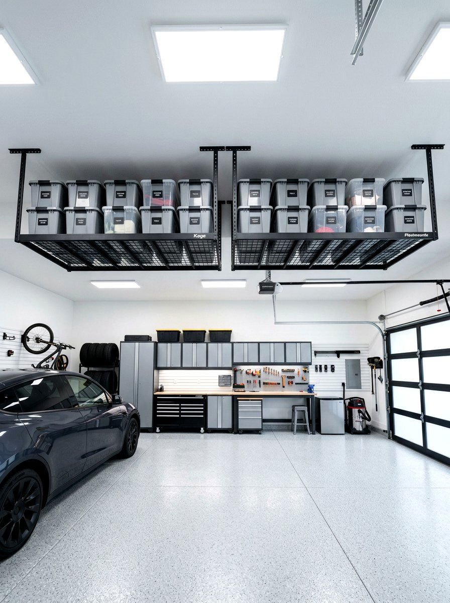 Overhead Garage Storage - 30 garage organization ideas