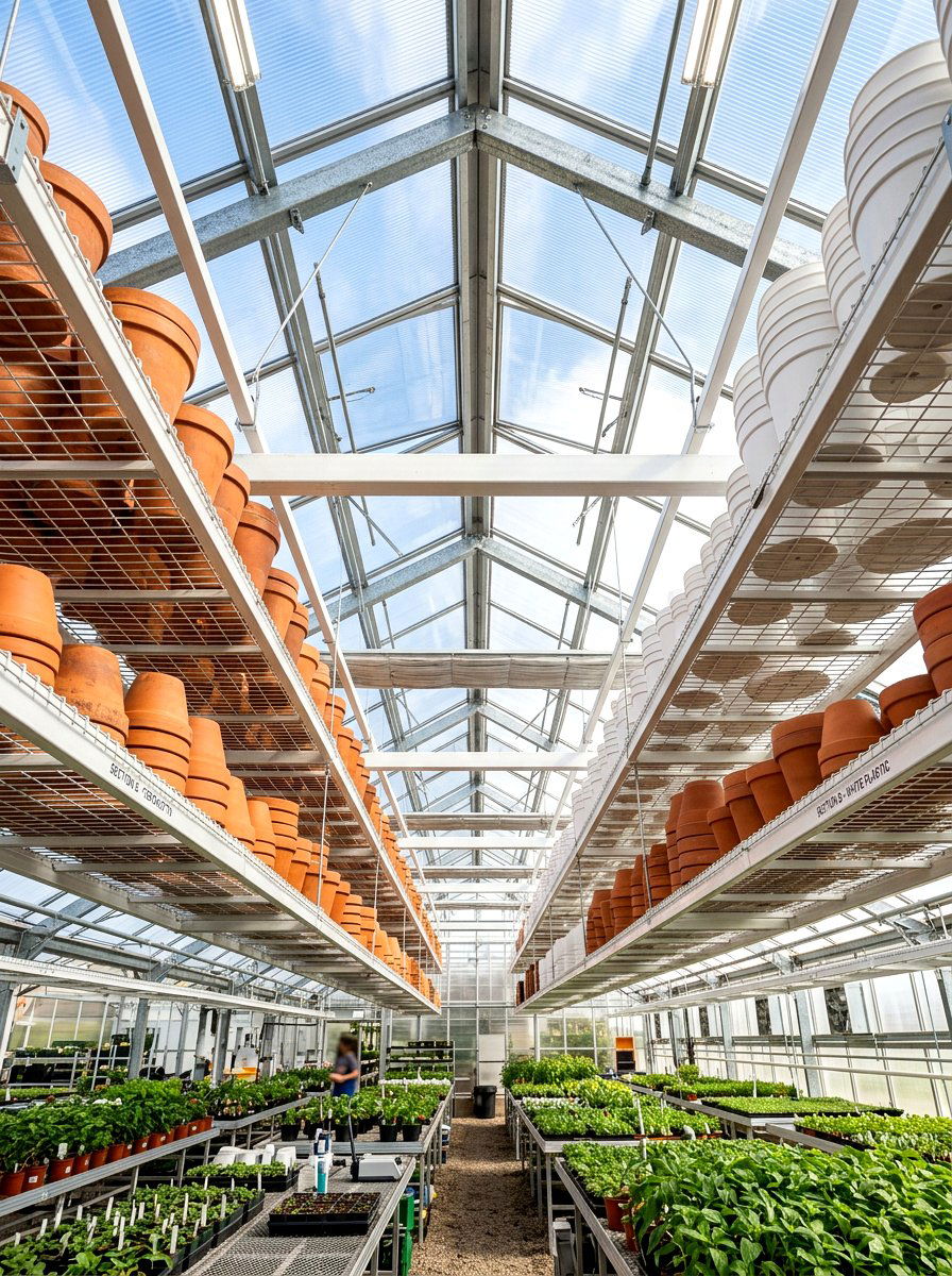 Overhead Greenhouse Storage - 30 greenhouse shelving layout ideas