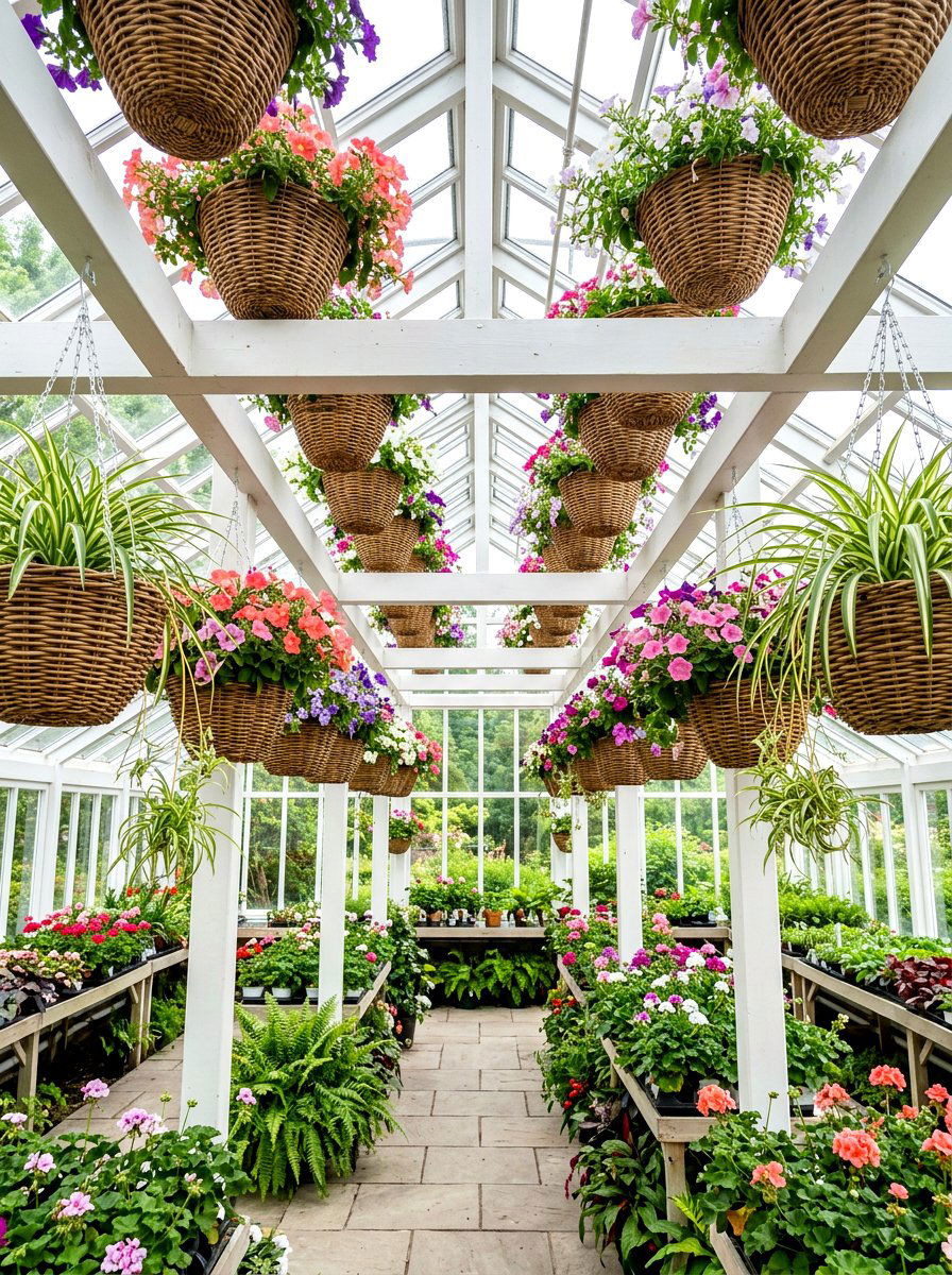 Overhead Hanging Basket - 30 greenhouse plant layout ideas