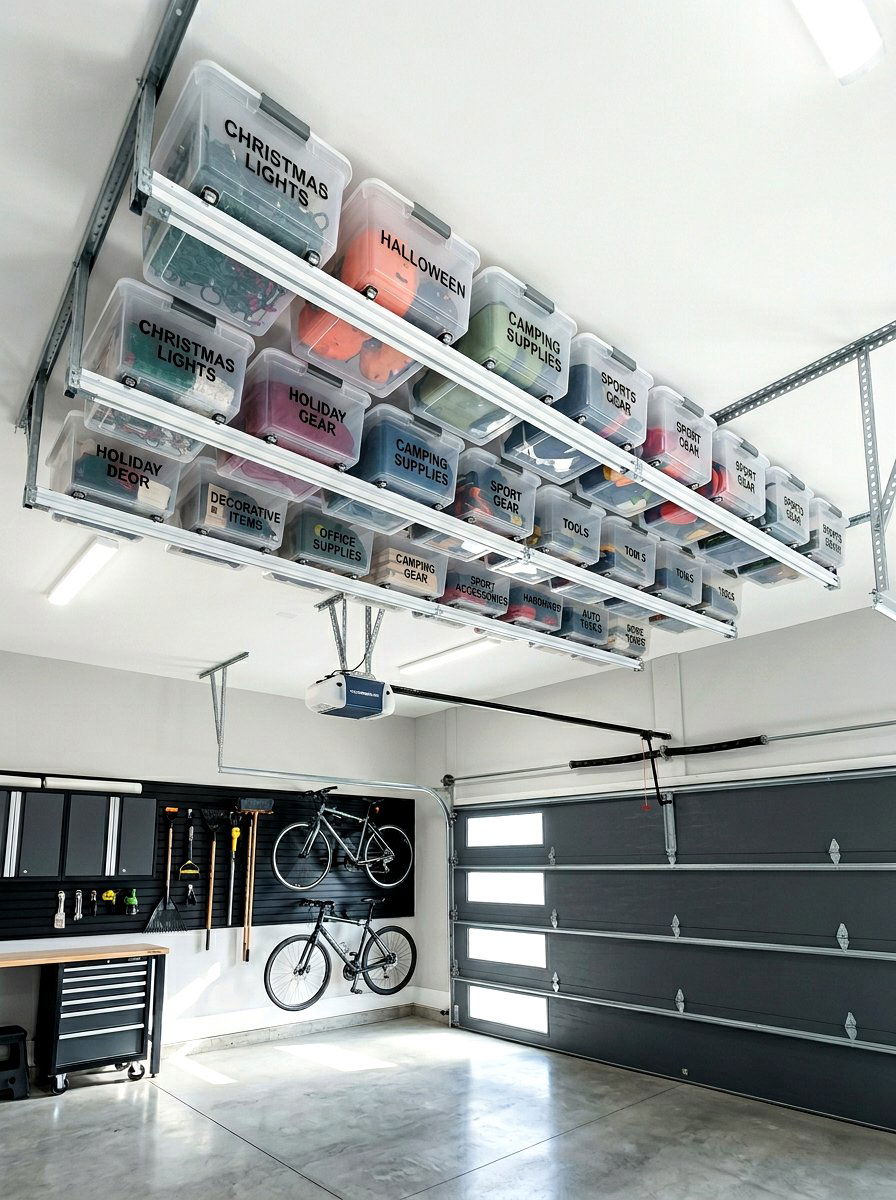 Overhead Storage Bin - 30 small garage ideas