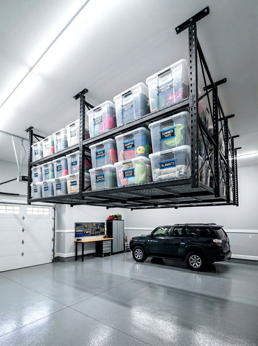 Overhead Storage For Seasonal Bins - 30 garage organization for small spaces ideas