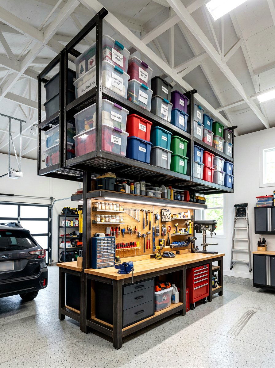 Overhead Storage Integrated Bench - 30 garage workbench ideas